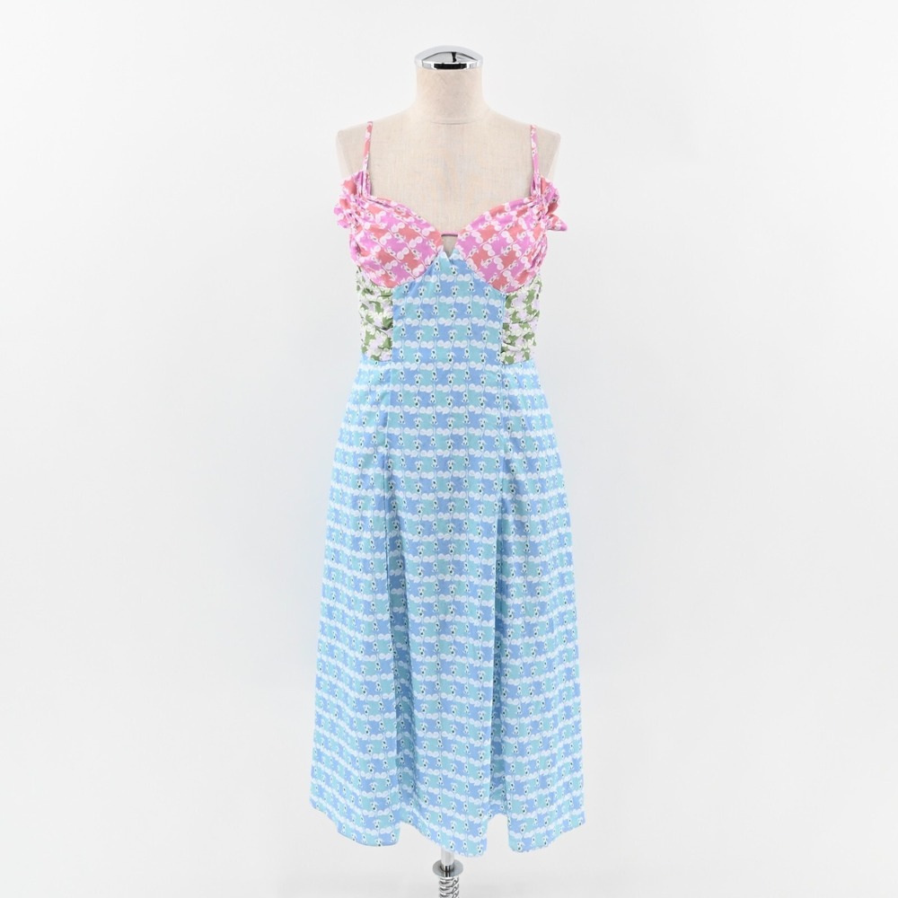 ENGLISH FACTORY Dress Sz S Pastels Floral Print Satin Sleeveless Midi Blue Pink - Picture 1 of 11